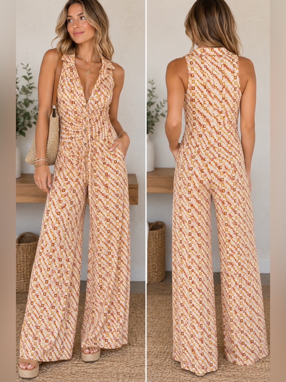 Free People Shayla Halter Jumpsuit
Womens S Boho Geometric
Ruched Wide Leg A401